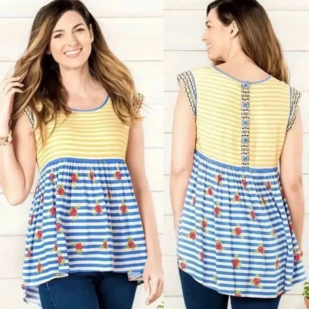 Matilda Jane Adventure Begins On My Mind Top Size Medium Sleeveless Striped